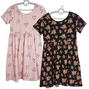 Old Navy Dress Girls 10-12 Large Black Pink Floral Heart Short Sleeve Cotton 2pc
